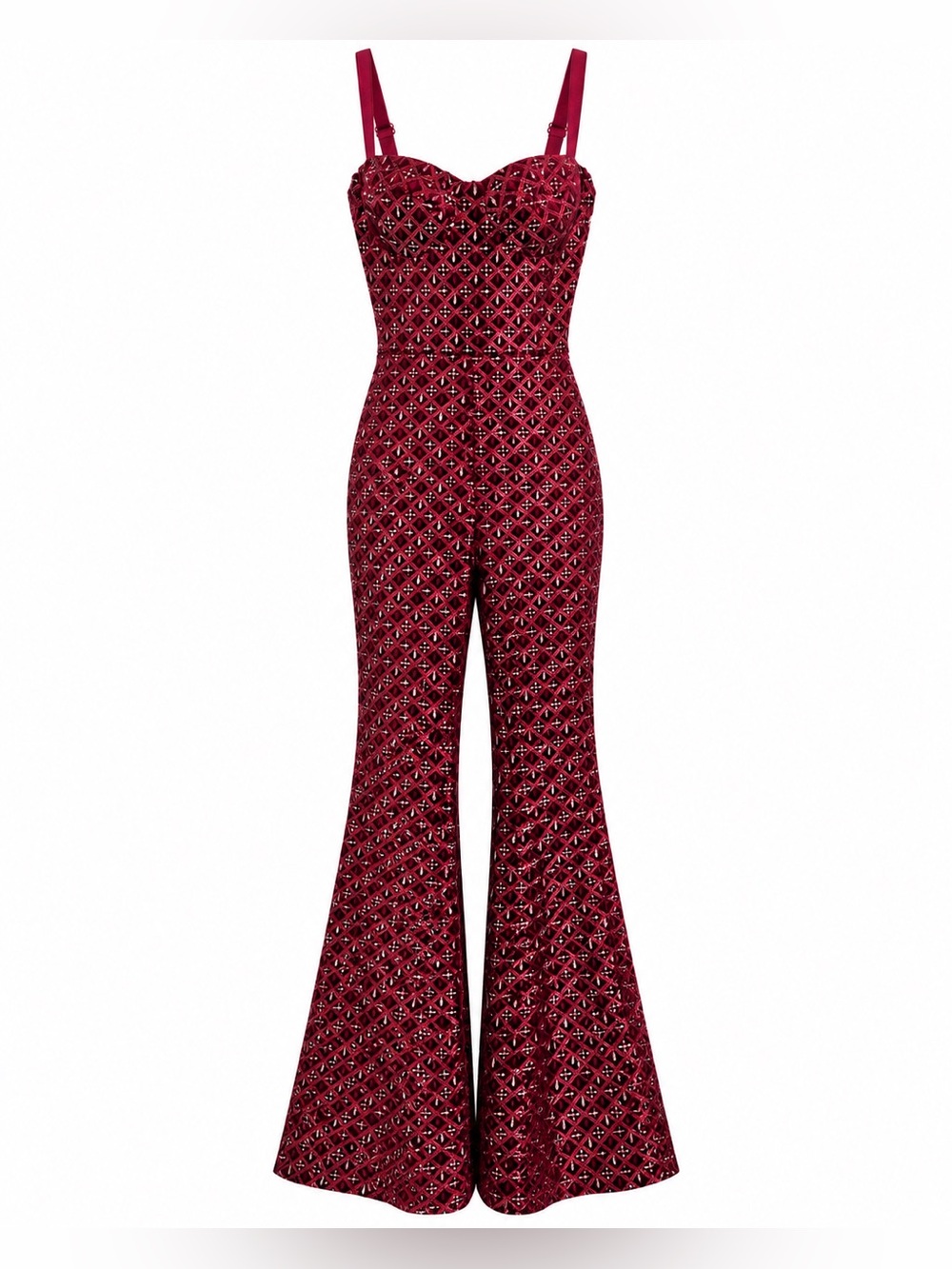 Nadine Merabi Burgundy Sequin Embellished Flared Jumpsuit – Size Small / US 4